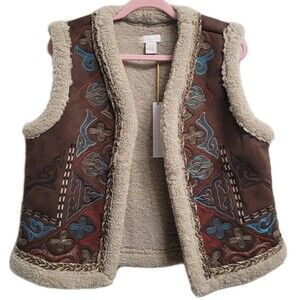 House of Harlow 1960 Embroidered Faux Shearling Vest One Size Boho Western